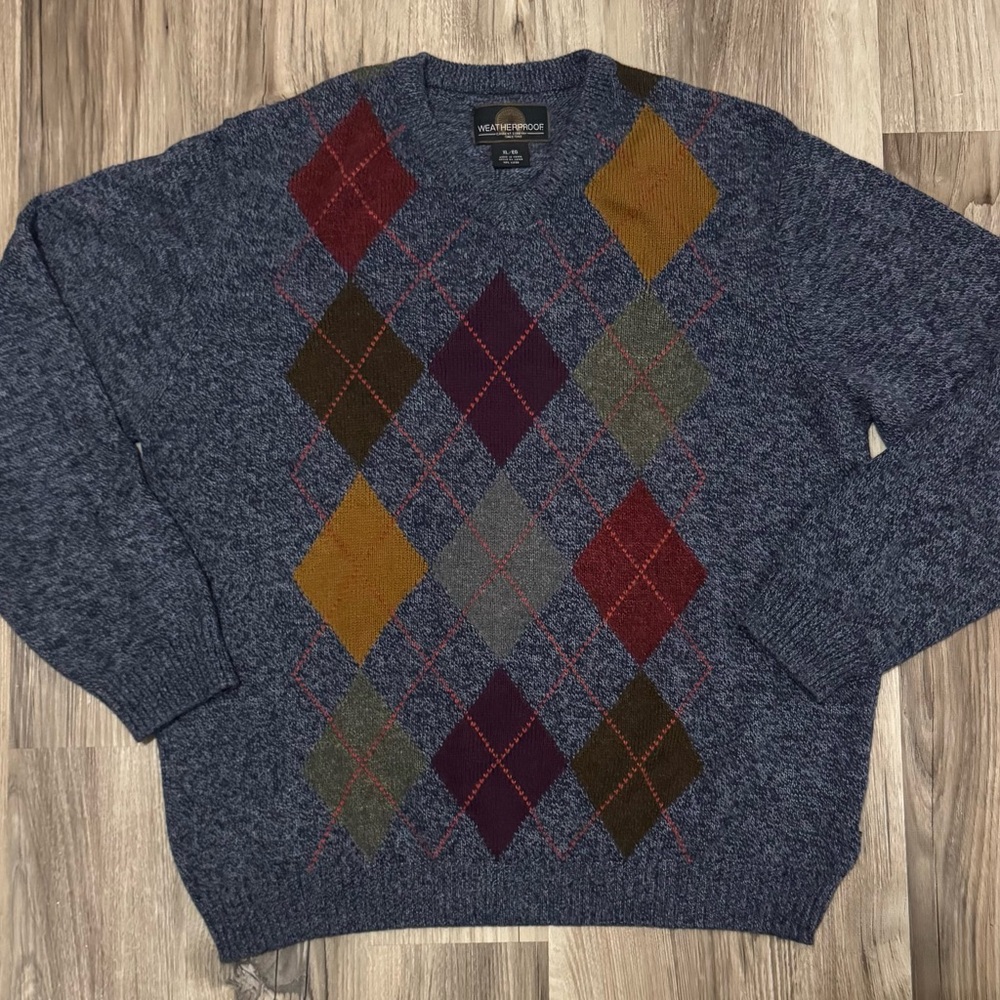 Weatherproof Men's Blue Argyle V-Neck Sweater, size XL